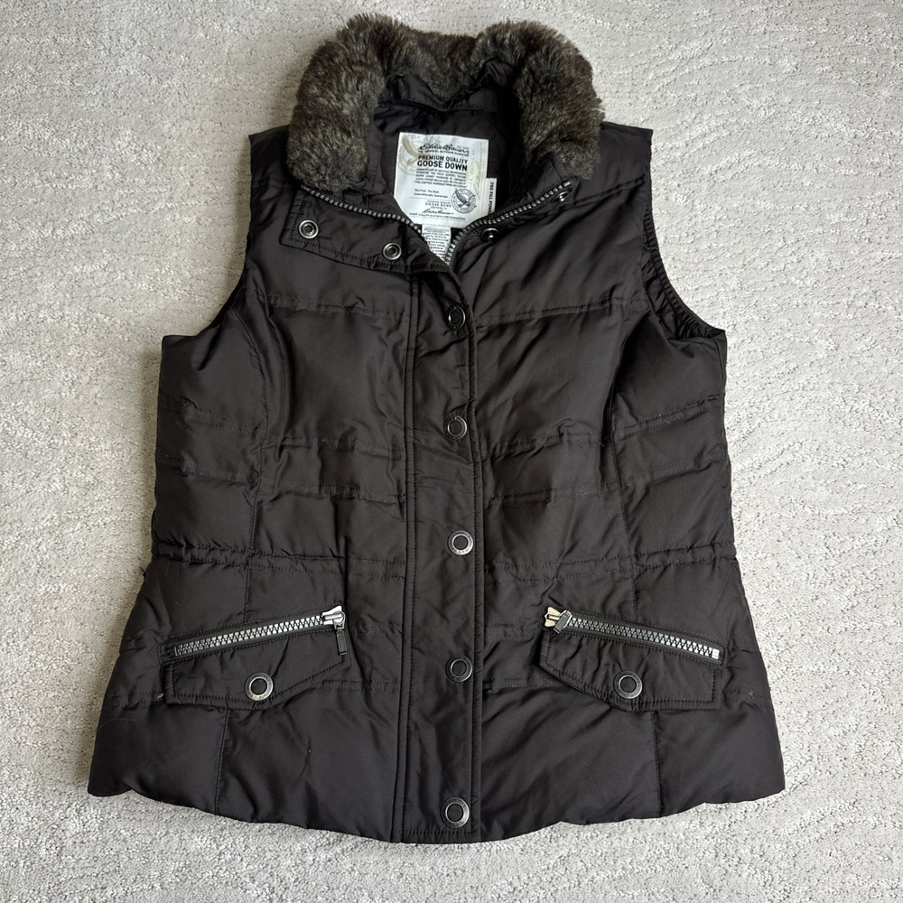 Women's Eddie Bauer Medium‎ Premium 700 Fill Goose Down Brown Vest Fur Neck